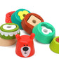 Close-up of assorted colorful wooden shapes designed for sorting and learning