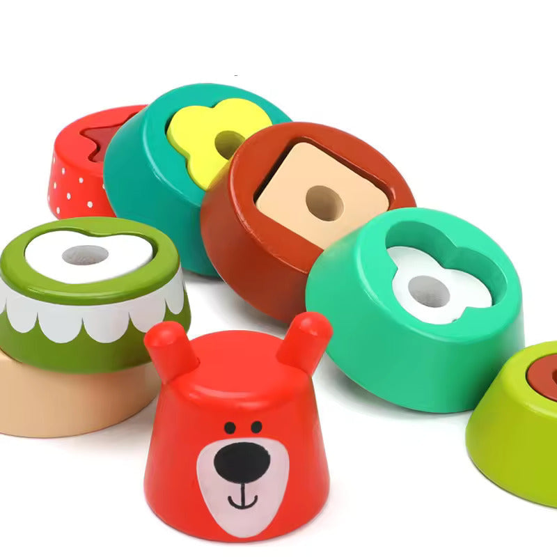 Close-up of assorted colorful wooden shapes designed for sorting and learning