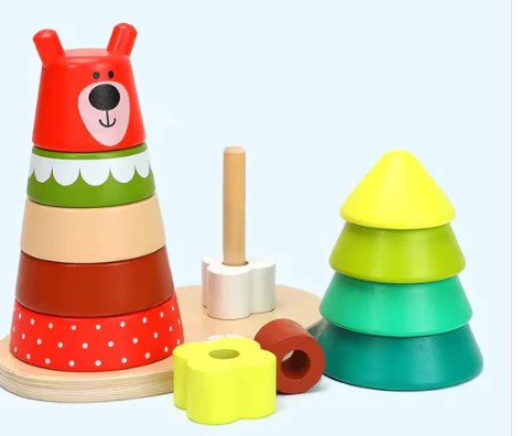 Wooden Bear Stacker toy with colorful rings and geometric shapes