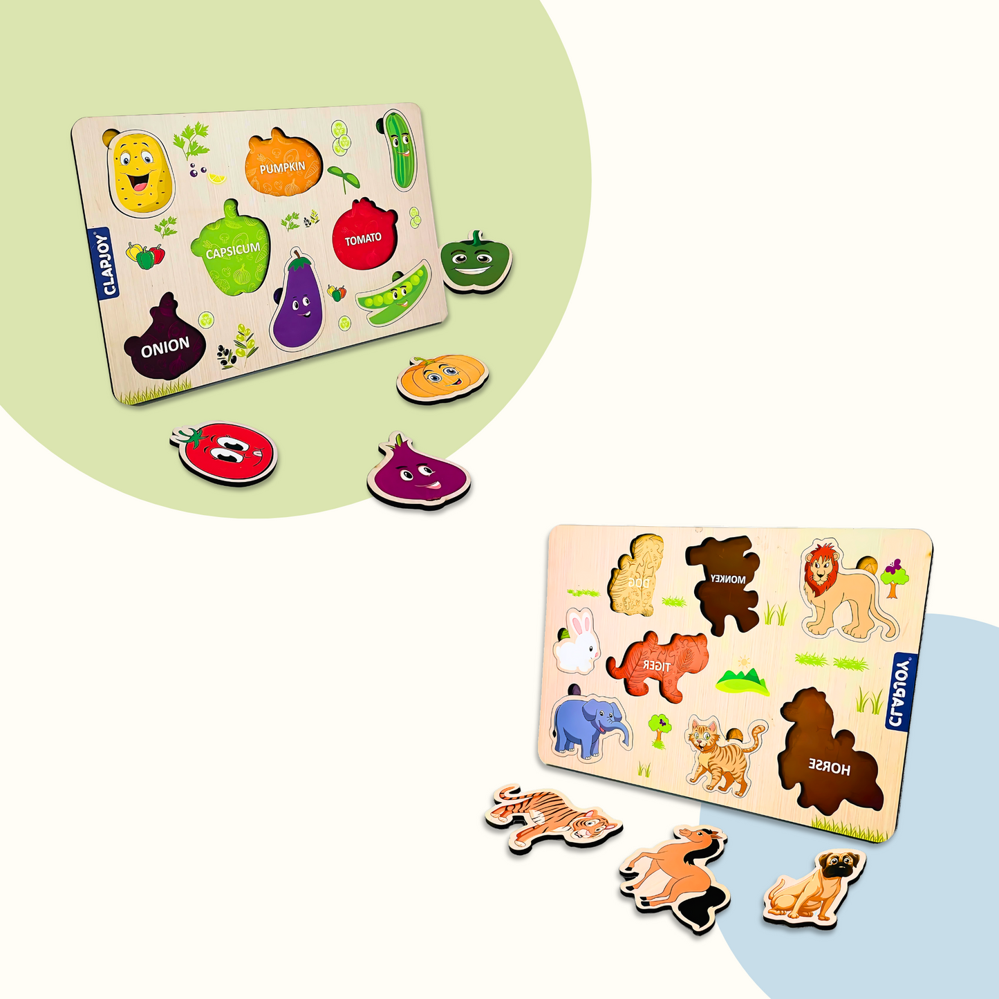 Top view of the SkilloToys 4-piece wooden educational board combo, vibrant colors