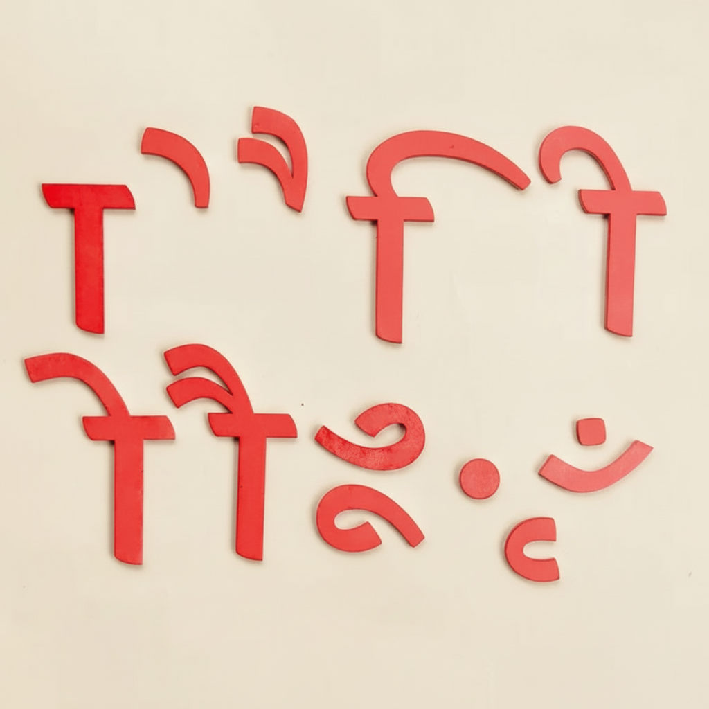 Toddler playing with wooden Hindi letter puzzle, developing motor skills and language.