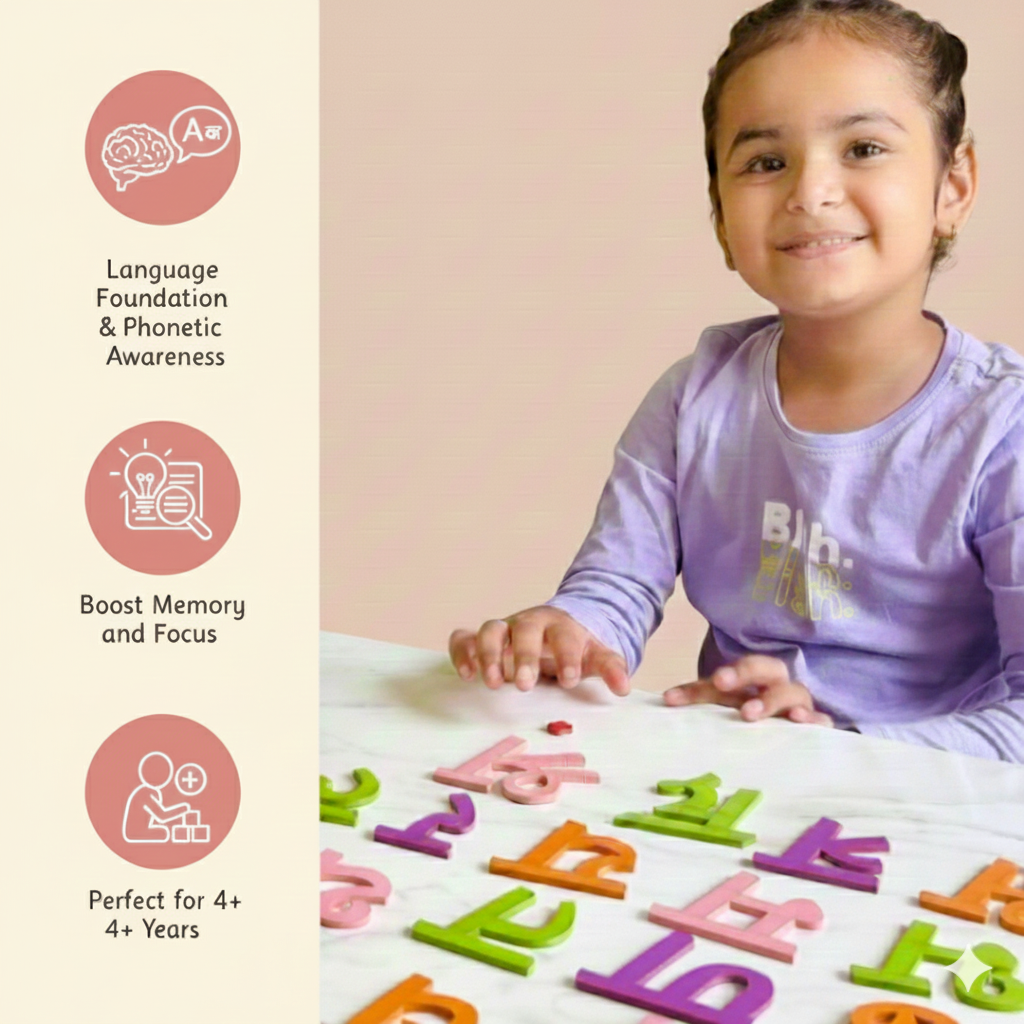 Educational wooden toy for learning Hindi alphabet, featuring vibrant colors.