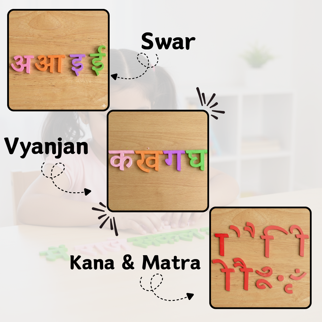 Hindi Varnamala wooden puzzle showing the complete set of letters.