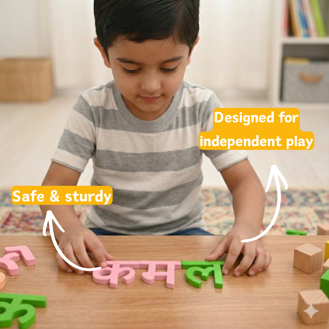 Hindi language learning board crafted from sustainable wood, with clear letter forms.