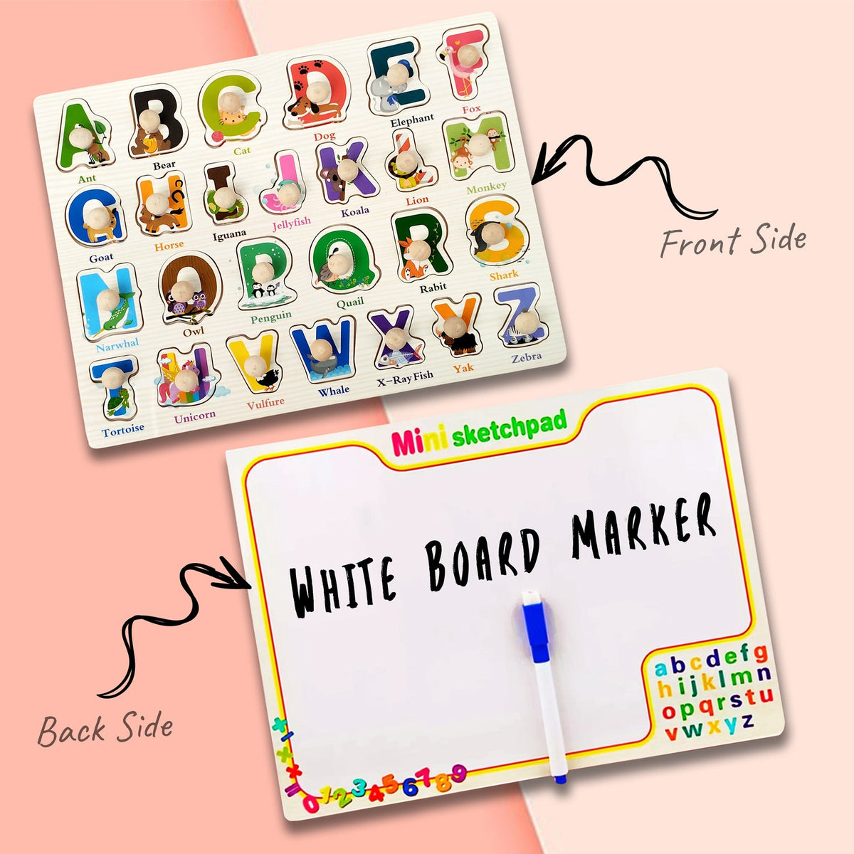 Wooden Knob Puzzle & Write-and-Wipe Learning Board for toddlers