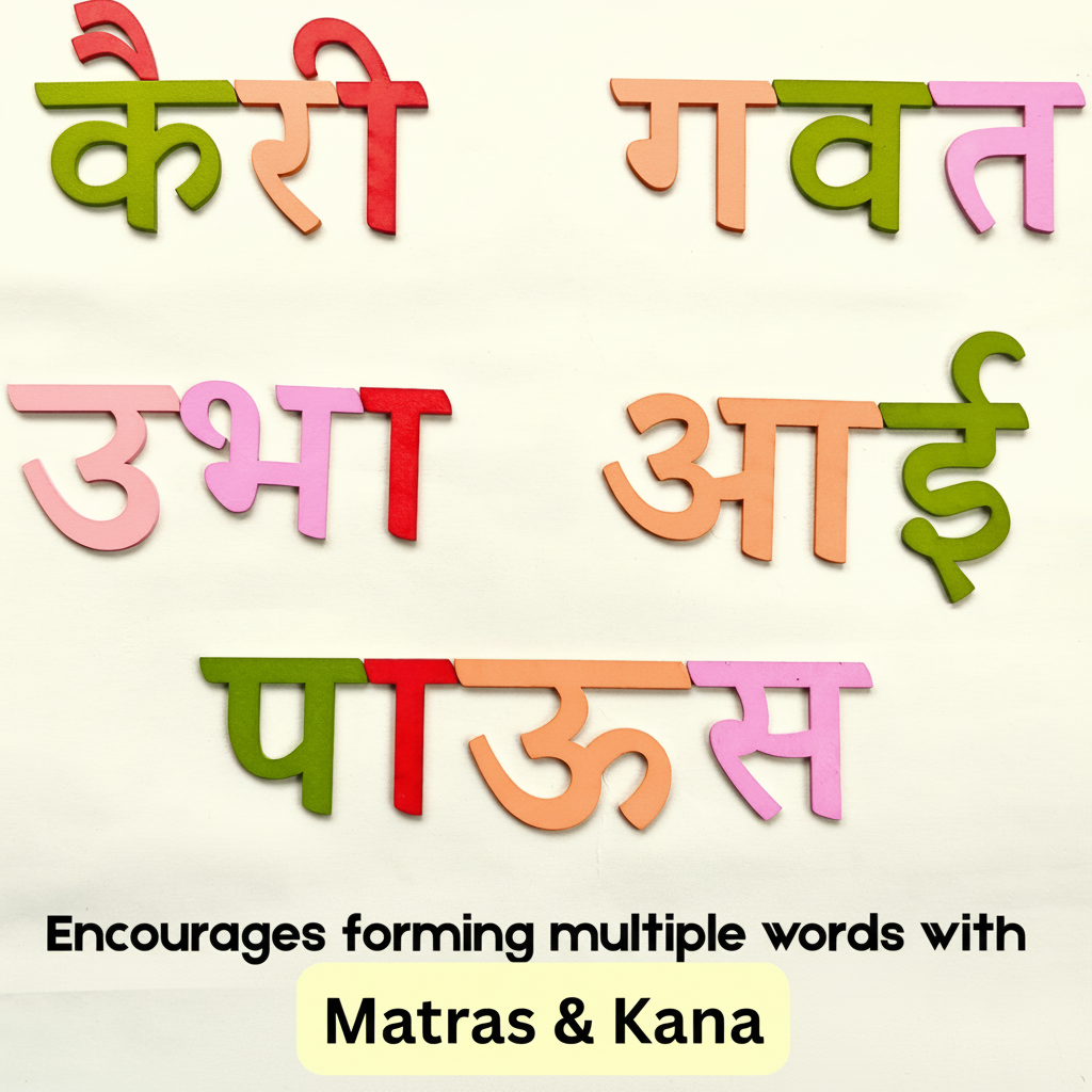 Stack of Marathi wooden letters demonstrating their thickness and tactile quality for young learners.