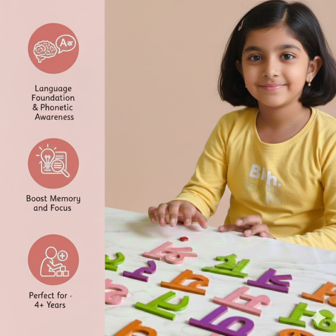 Full view of the Wooden Marathi Varnamala Learning Board, showcasing all the alphabet pieces.