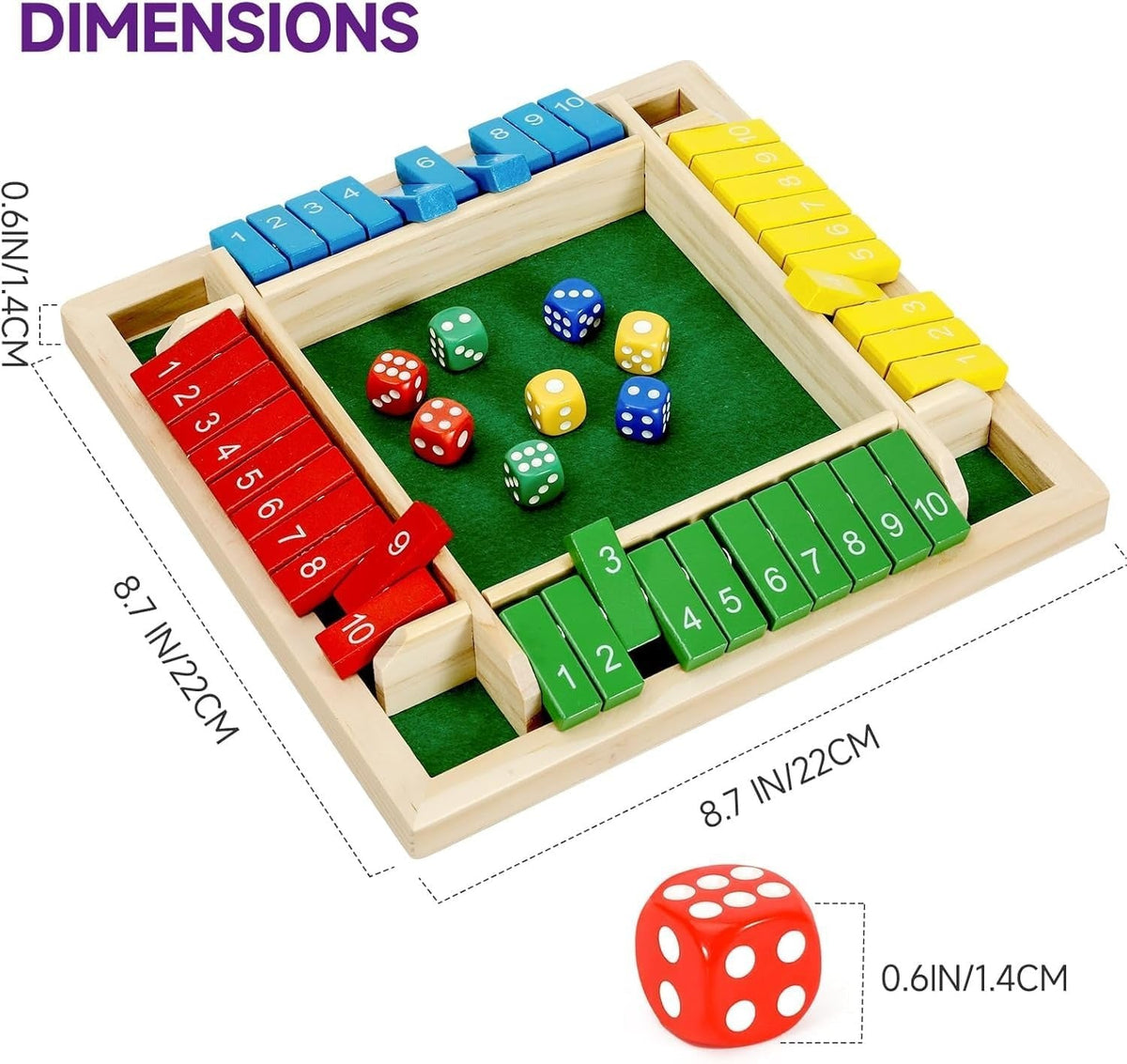 Children playing the Shut The Box game, close-up of dice and wooden number tiles