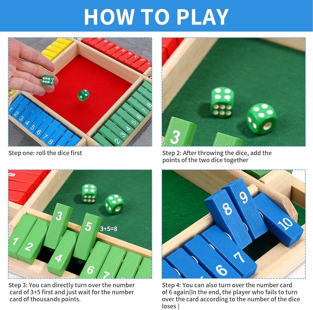 Four-player wooden Shut The Box activity with natural wood base and colourful numbers