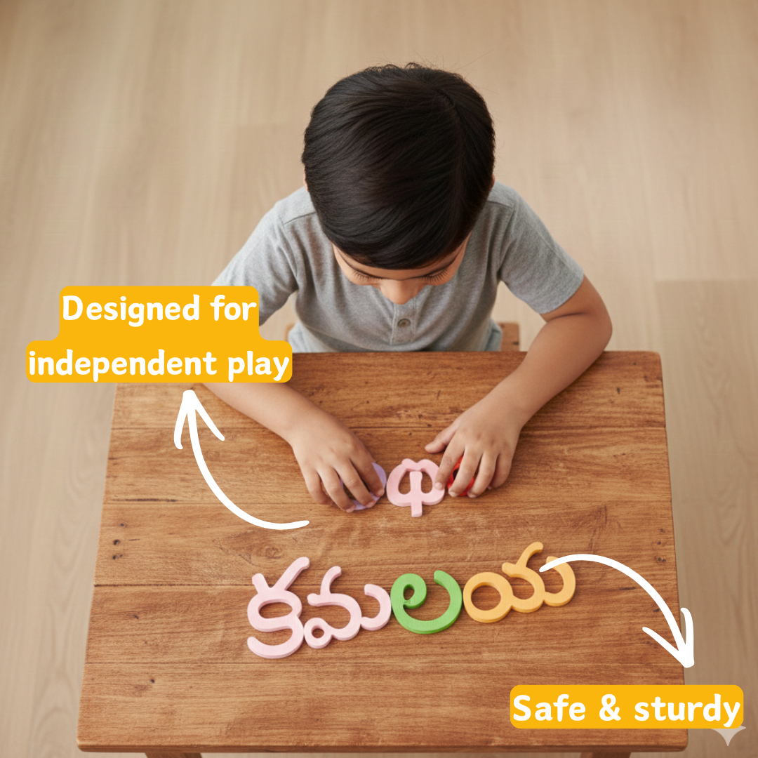 Top-down view of the complete wooden Telugu alphabet puzzle, ready for educational play.