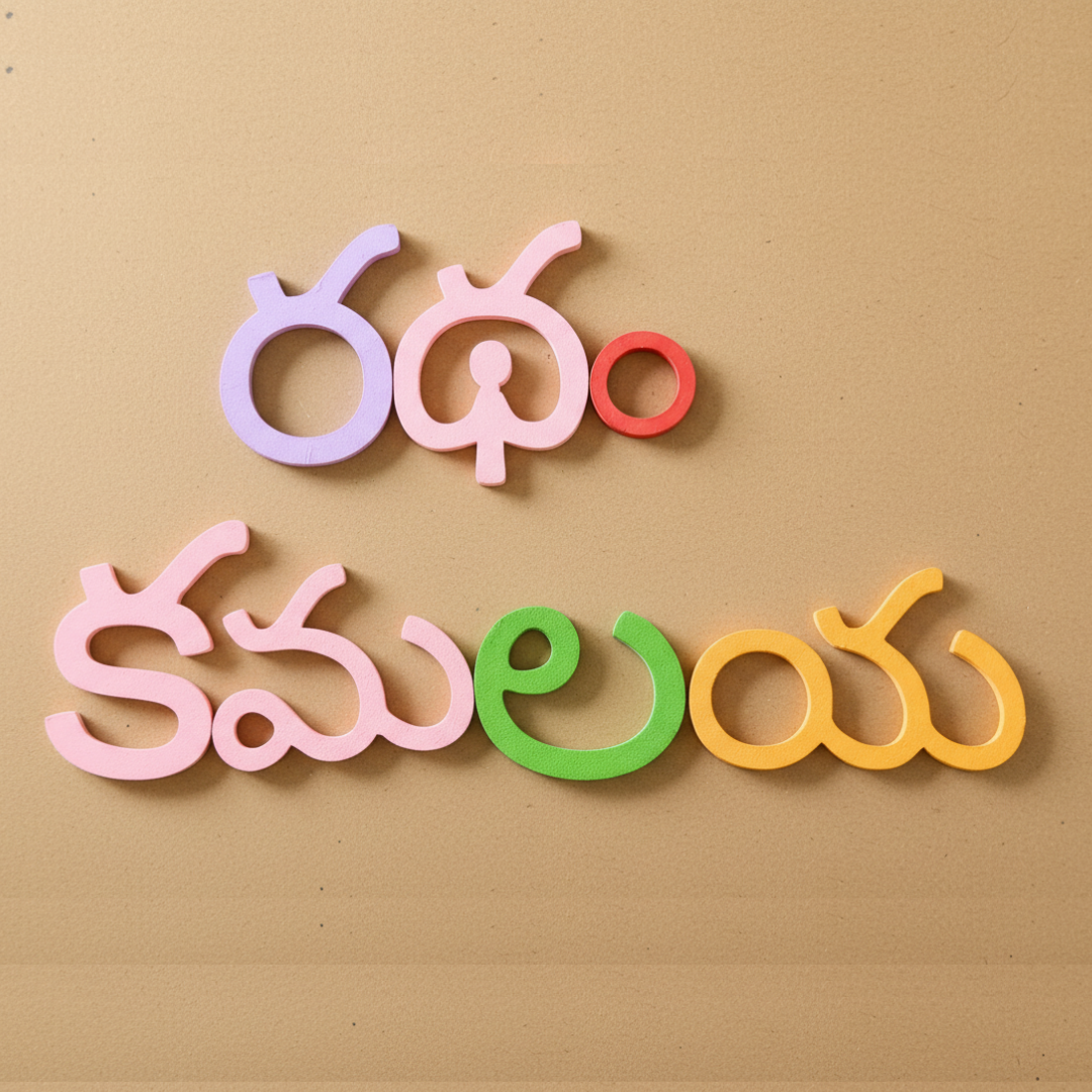 Telugu Varnamala wooden set, showcasing individual letter pieces with rounded edges for safety.
