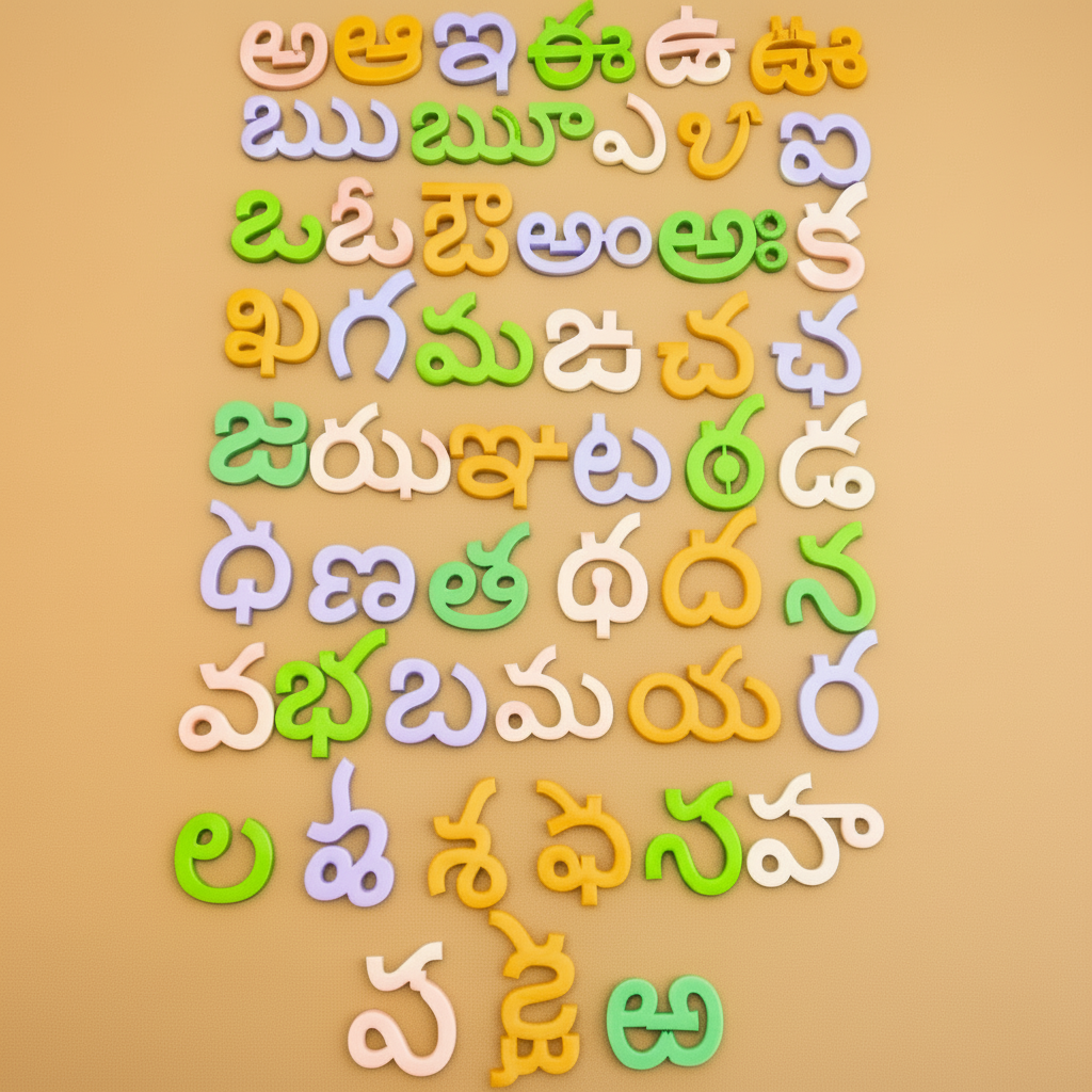 Close-up of a child's hands picking up a wooden Telugu letter from the learning board.