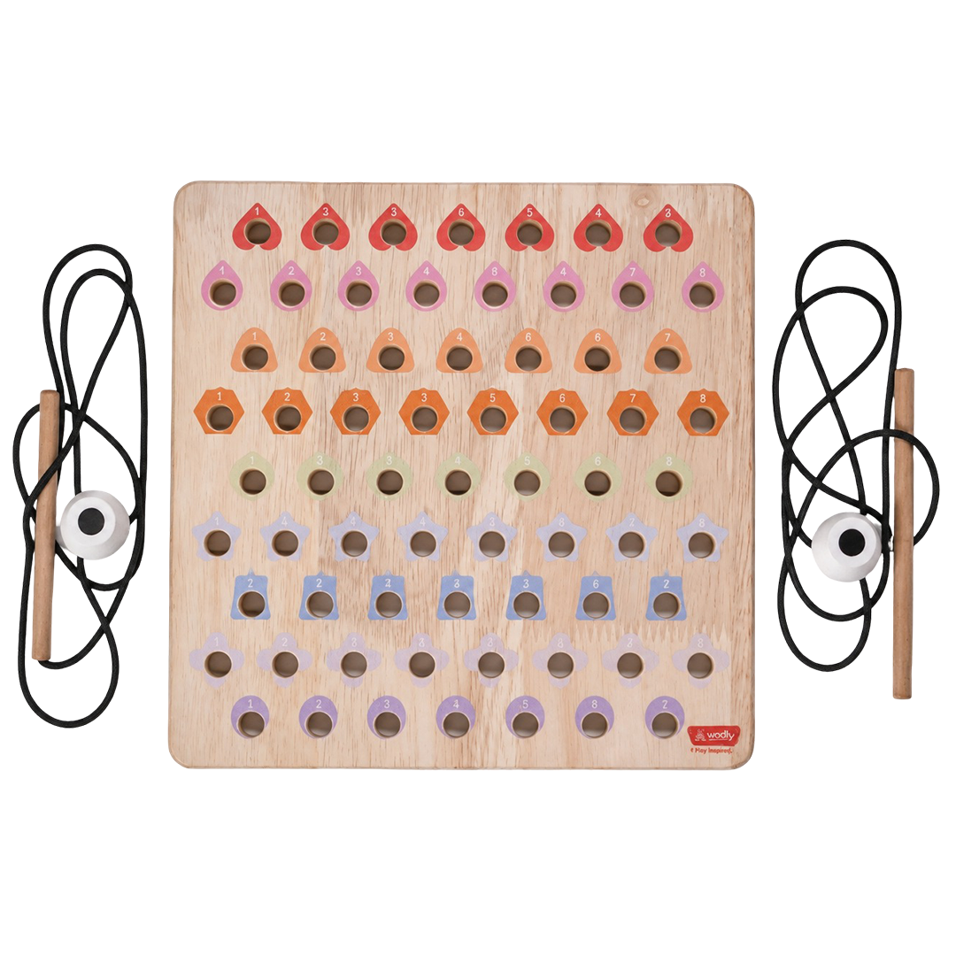 Top-down view of the wooden threading pattern board with various coloured threads and activity cards