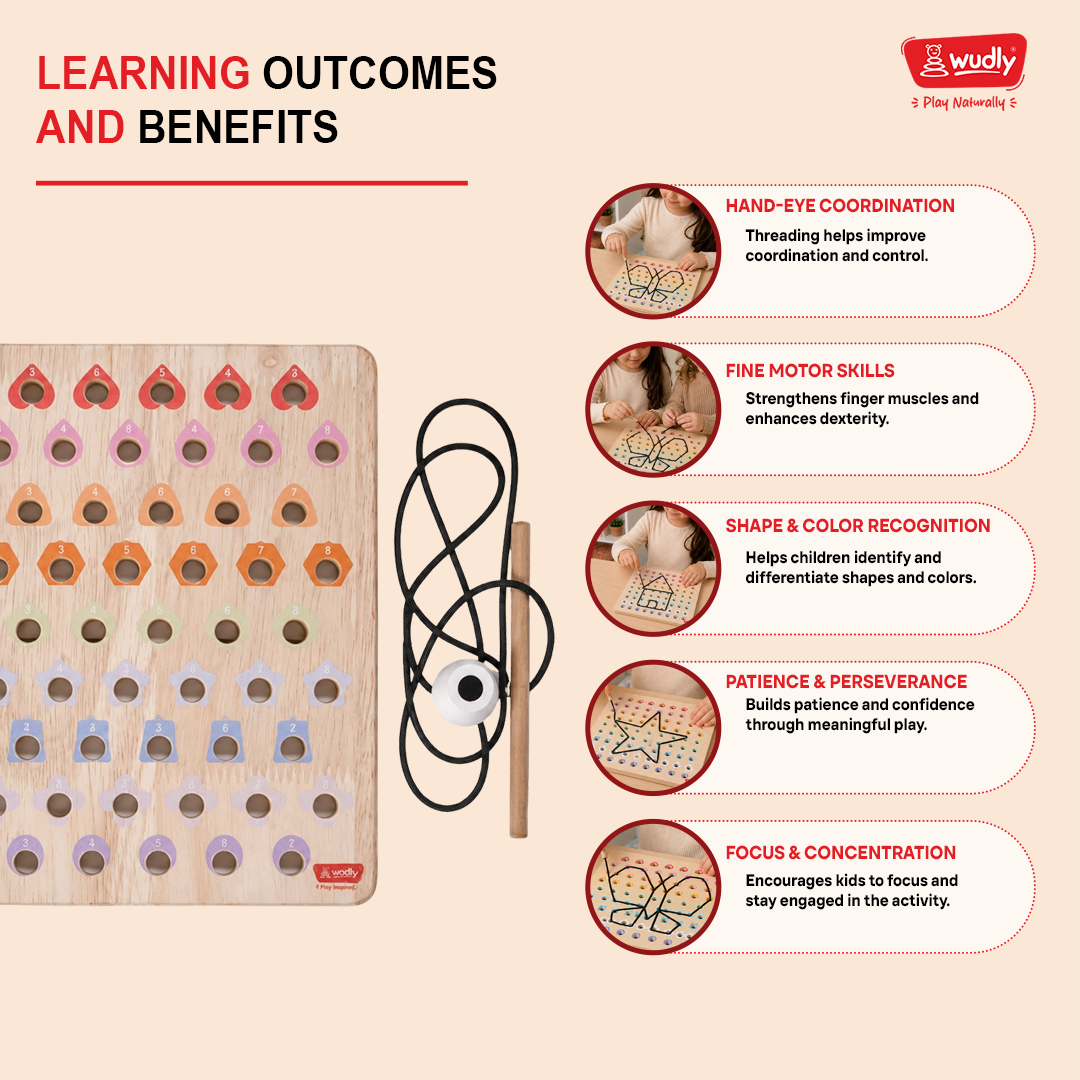 Set includes the wooden board, threading needles, and a stack of 20 pattern design cards for kids