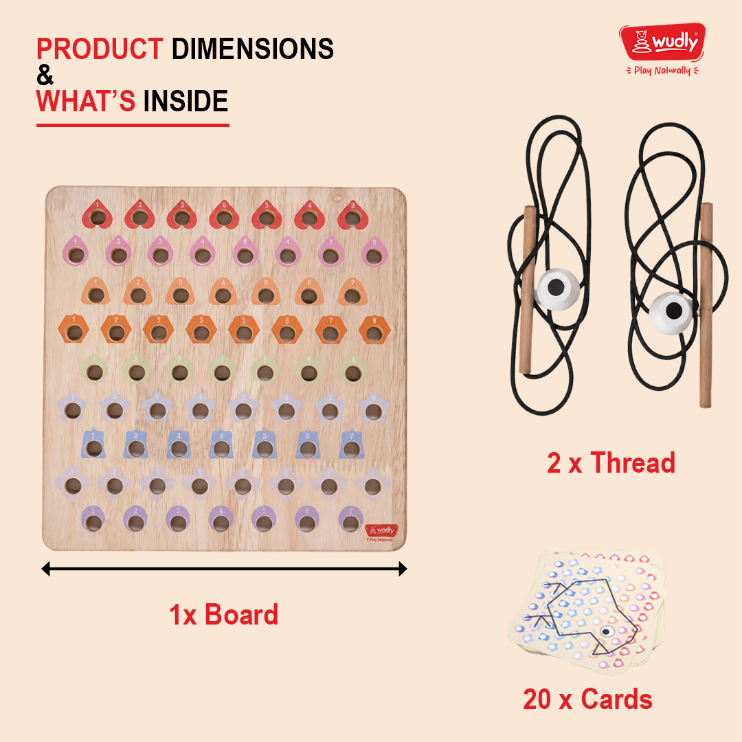 Close-up of a child's hands threading a colourful string through the holes on the educational joyboard