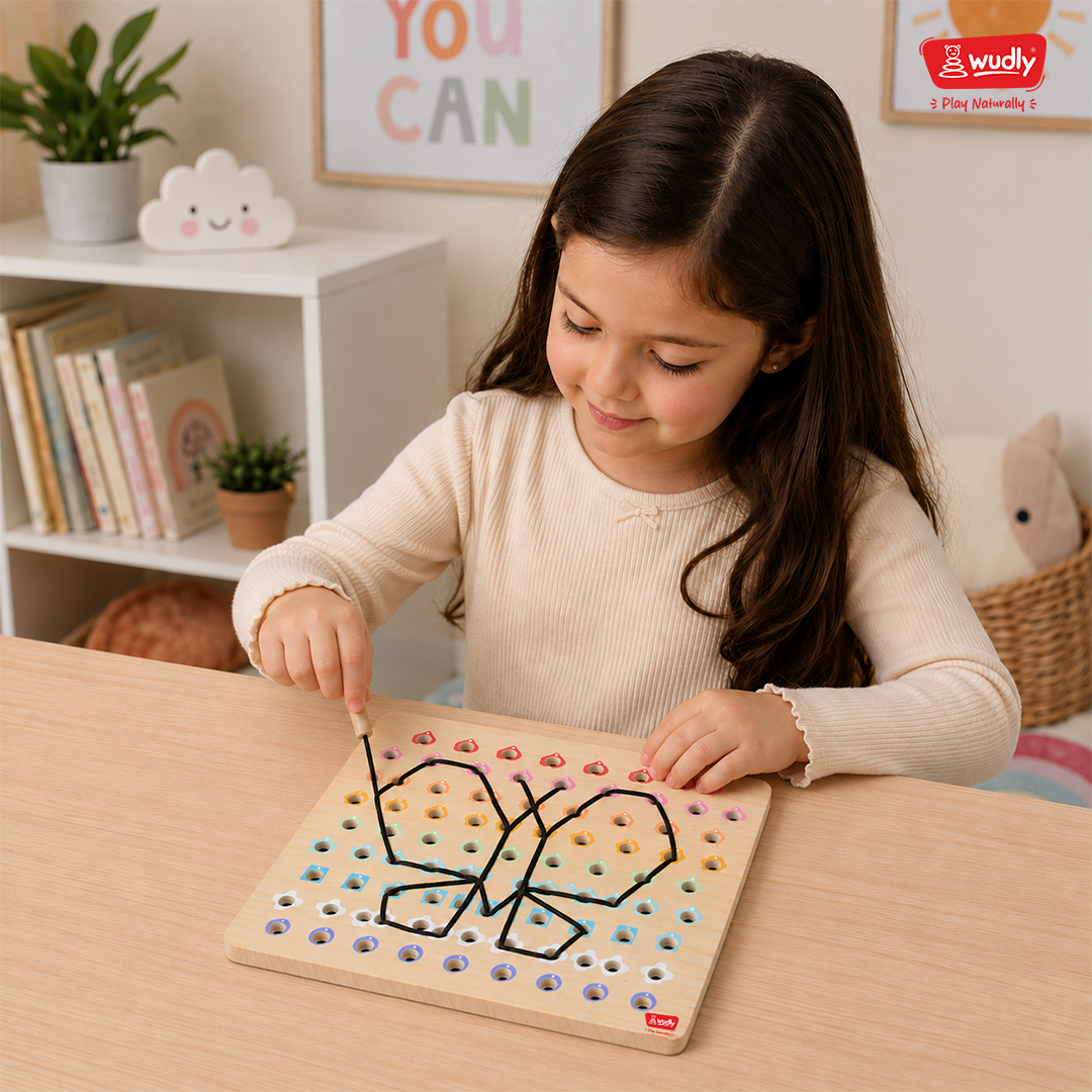Child creating a colourful pattern on a wooden threading board with a needle and thread