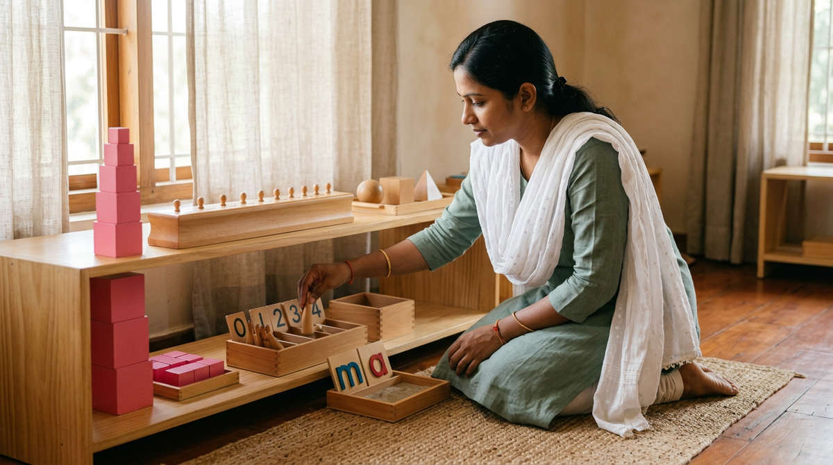 South Indian Montessori teacher arranging authentic Montessori materials on classroom shelf - pink tower, knobbed cylinders, sandpaper letters