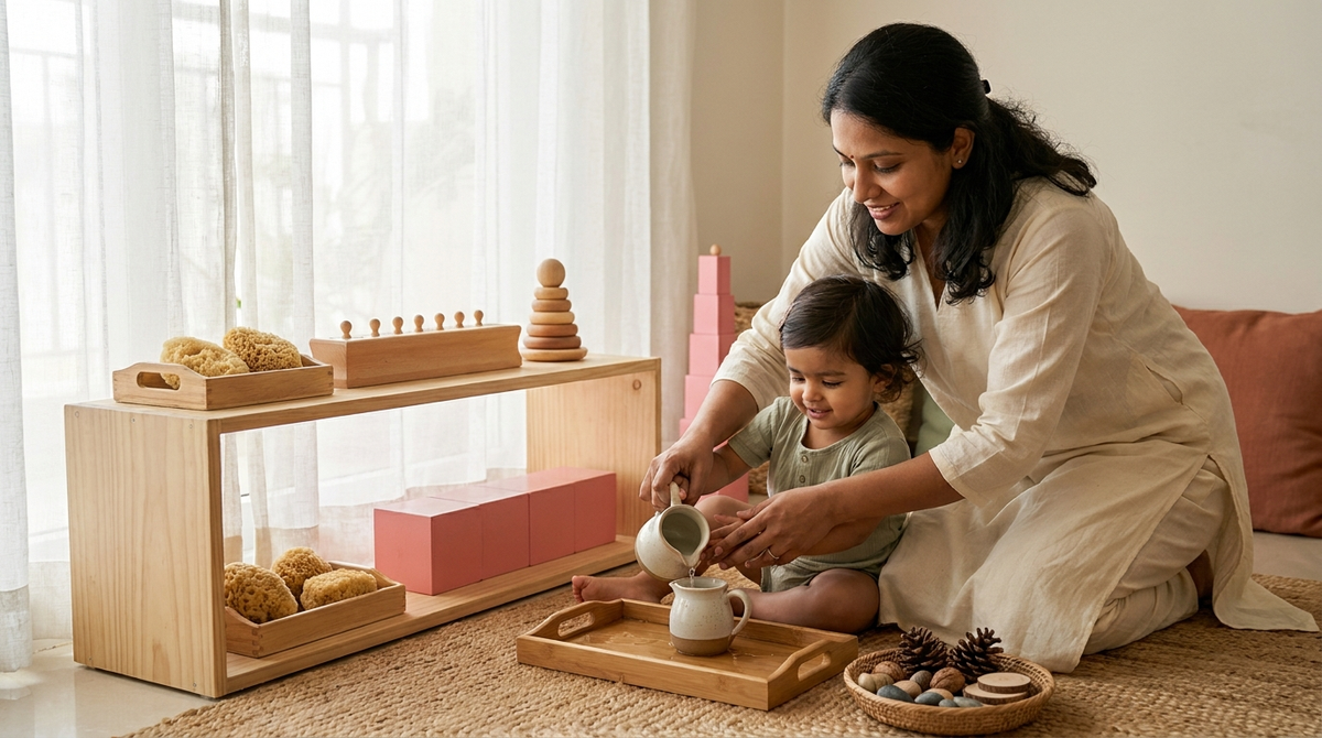 Indian mother guiding toddler through Montessori Practical Life pouring activity at home - homeschool section