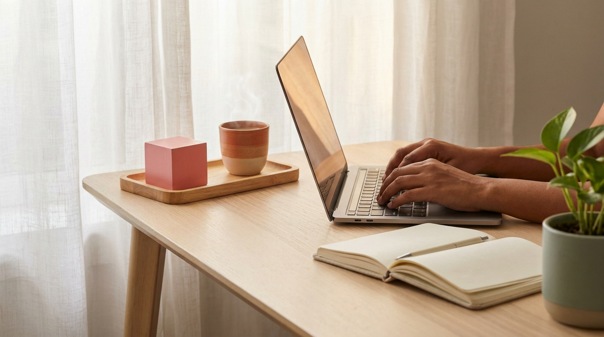 Indian creator's hands typing on laptop beside a wooden Montessori toy and chai cup - creator workspace