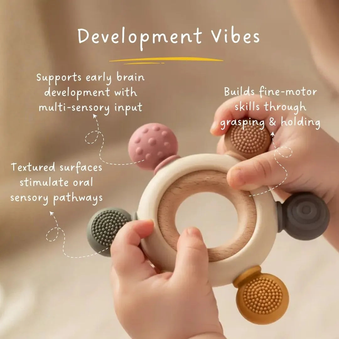 Baby holding and exploring the sensory teether