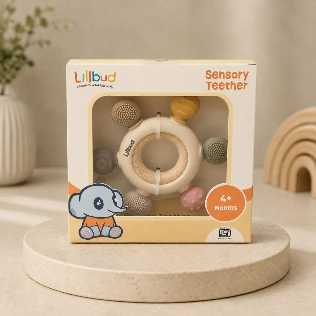 Sensory teether and included wooden ring