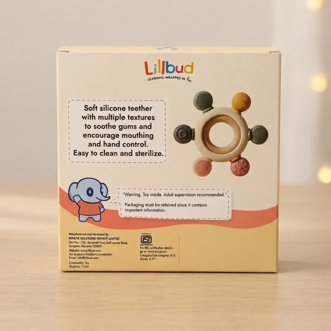Back of the sensory teether packaging
