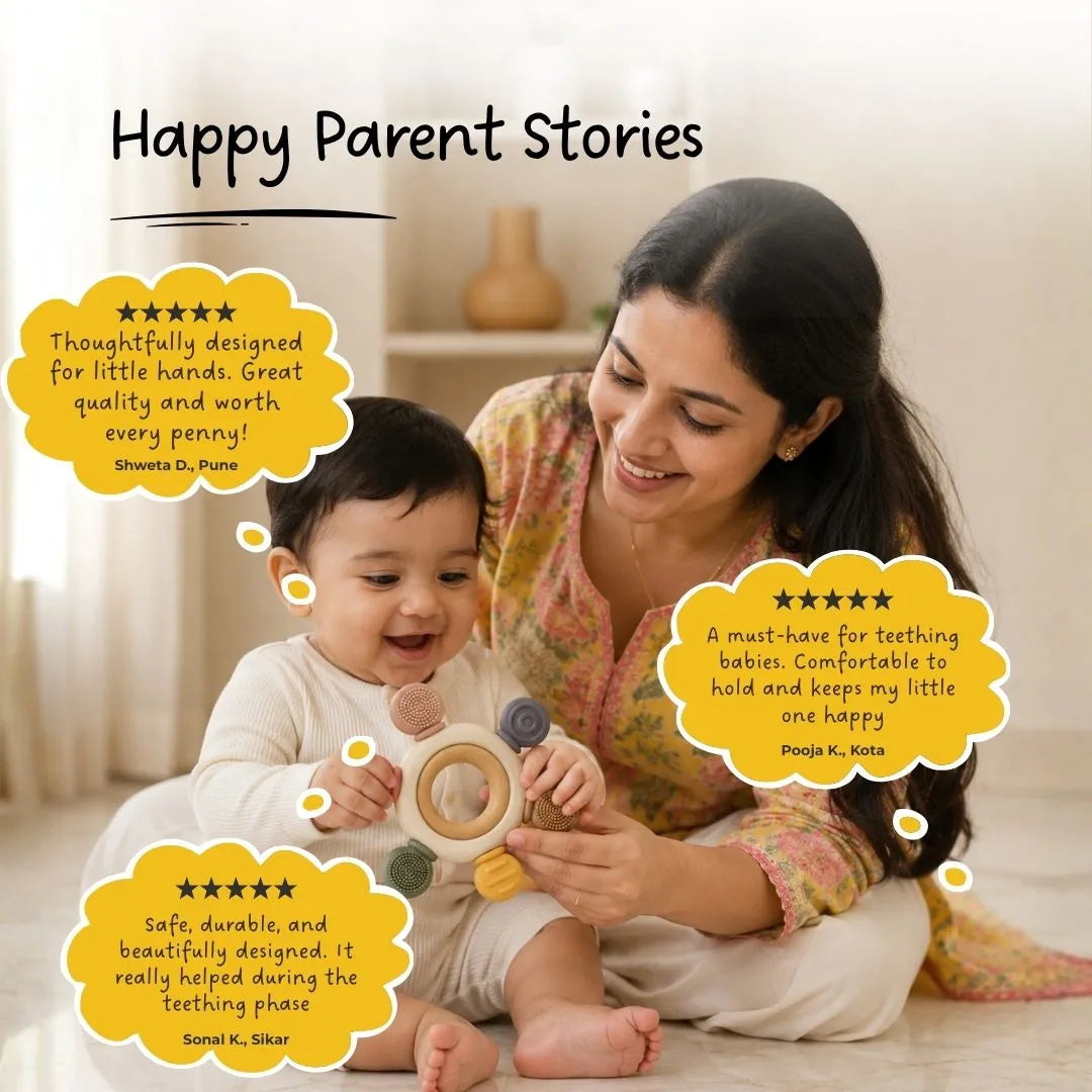 Parent supervising a baby exploring the sensory teether