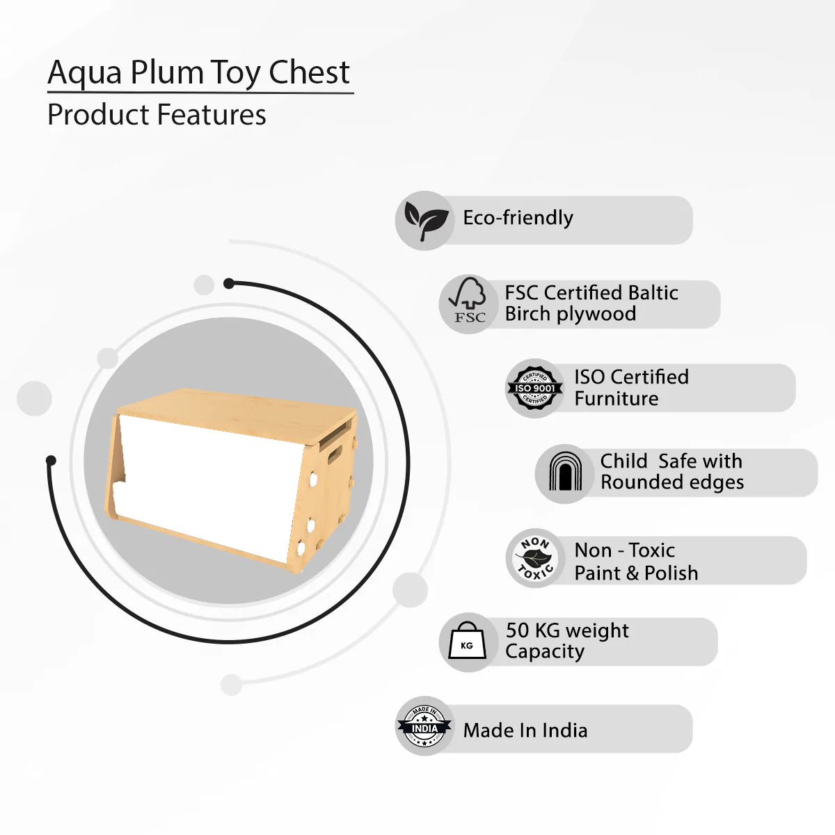 Buy Aqua Plum Toy Chest - Storage Box - White - Front View - SkilloToys.com