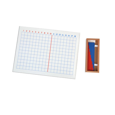 Kidken Montessori Addition Learning Board contents — wooden 12x18 numbered grid with 9 red strips and 9 blue strips of varying lengths for kids ages 5 to 10