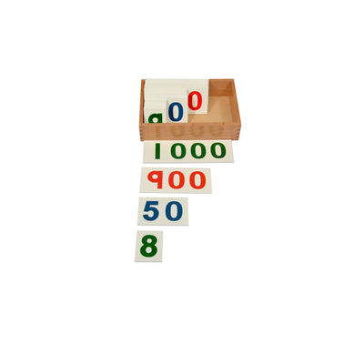 Kidken Montessori Large Number Cards 1 to 1000 in open wooden tray with colour-coded place values