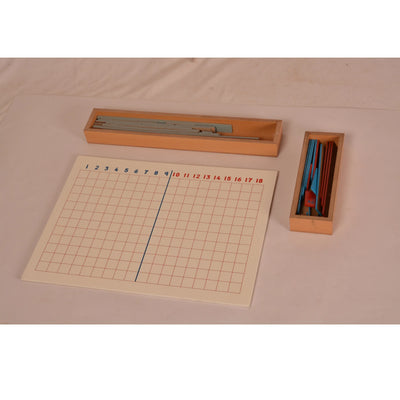 Kidken Montessori Subtraction Strip Board: numerals to 18 with red, blue and grey strips for building take-away equations