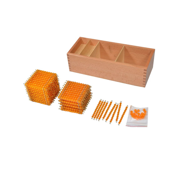 Kidken Montessori Static Decimal Bead Material Learning Box: wooden partitioned box with 1 thousand cube, 9 hundred squares, 9 ten-bars and 9 unit beads for teaching the decimal system to kids ages 3 to 10