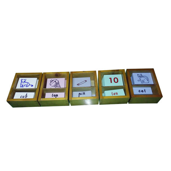 Kidken Montessori Vowel Cursive Learning Box: 5 partitioned boxes with colour-coded cursive words and pictures for each vowel
