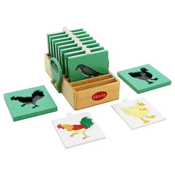 Skola Bird Shadows wooden matching toy: 10 painted birds and 10 silhouette envelopes in original box