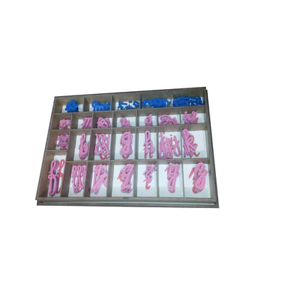 Kidken English Cursive Moveable Alphabet: 155 wooden cursive letters with blue vowels and pink consonants in partitioned box