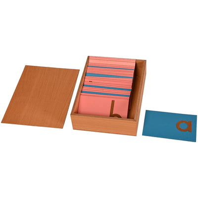 Kidken English Sandpaper Letters Print: lowercase alphabet on pink and blue Montessori wooden boards with sandpaper texture