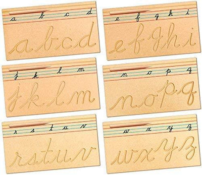 Kidken Engraved Alphabet Cursive Learning Board: 5 wooden boards a-z with engraved grooves and dummy pencil for handwriting prep, ages 2-5
