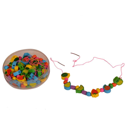 Kidken Fruits Threading Beads Wooden Toys: wooden fruit-shaped beads with lacing string for fine-motor and vocabulary play, ages 3 to 6
