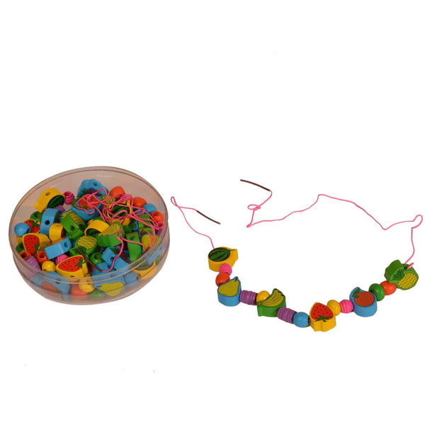 Kidken Fruits Threading Beads Wooden Toys: wooden fruit-shaped beads with lacing string for fine-motor and vocabulary play, ages 3 to 6