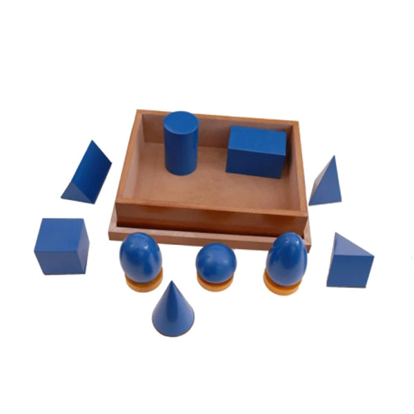 Kidken Montessori Geometry Shapes set: blue wooden cube, prisms, pyramid, cylinder and cone with face-matching cards