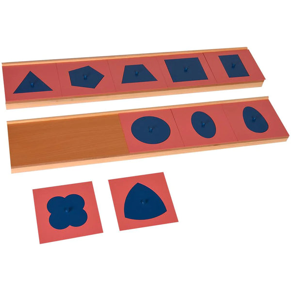 Kidken Montessori Metal Drawing Insets on two painted stands: 10 blue shapes on pink frames for pre-writing