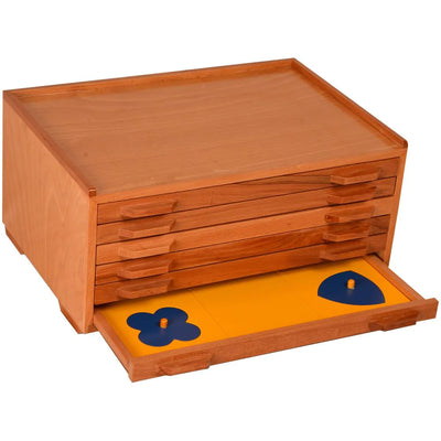 Kidken Montessori Geometric Cabinet with 6 drawers open: 32 blue knobbed shape insets in yellow frames for ages 3-10