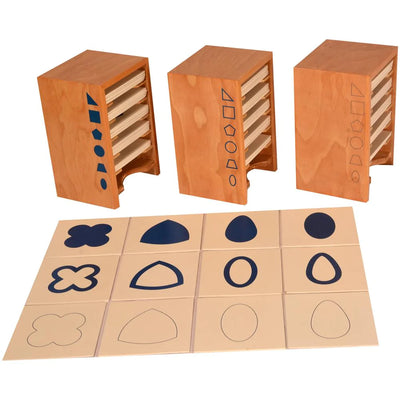 Kidken Montessori Geometrical Form Cards: 3 wooden cabinets holding 96 shape cards for ages 3-10
