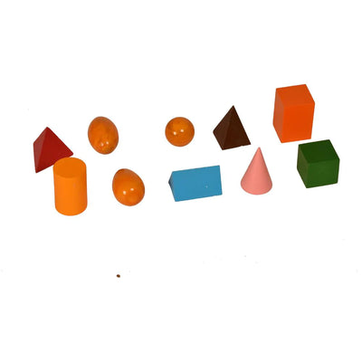 Kidken Montessori Geometrical Solids Learning Shapes: set of 10 wooden 3D shapes including cube, sphere, cylinder, cone and pyramid for kids ages 3 to 10