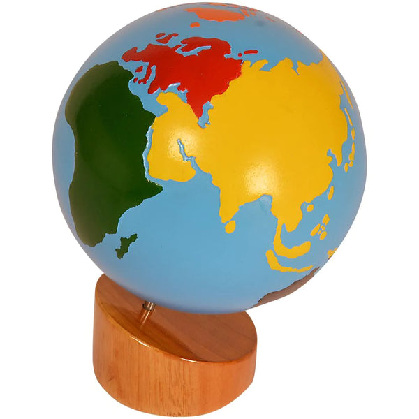 Kidken Montessori Globe Continent Learning Board: wooden globe with colour-painted continents on polished wooden base for teaching geography to kids ages 3 to 10