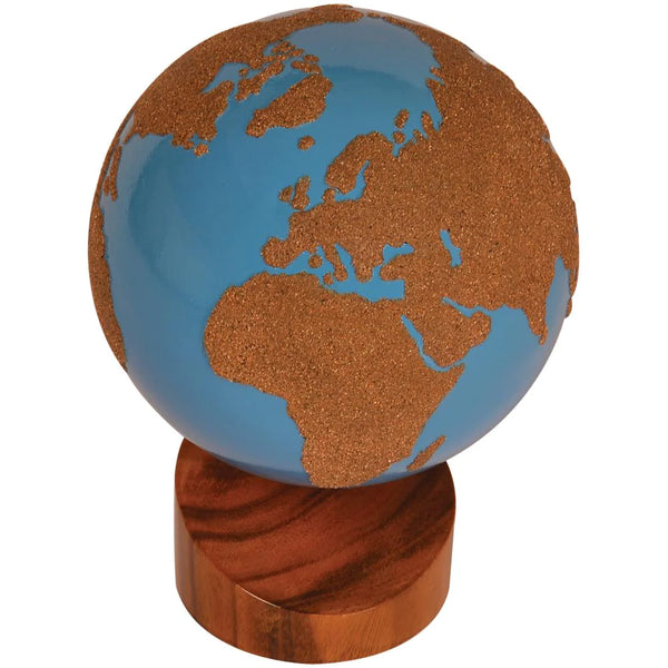 Kidken Montessori Globe Land and Water Geography Training: wooden globe with sand-textured continents and smooth-painted oceans on polished base for early geography ages 3 to 10