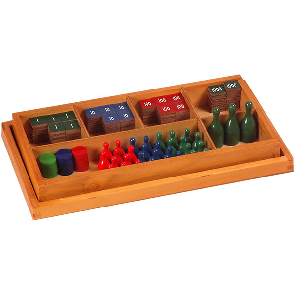 Kidken Montessori Stamp Game wooden box with 4 compartments holding green, blue and red stamps — math manipulative kit for kids ages 3 to 10 teaching addition, subtraction, multiplication and division