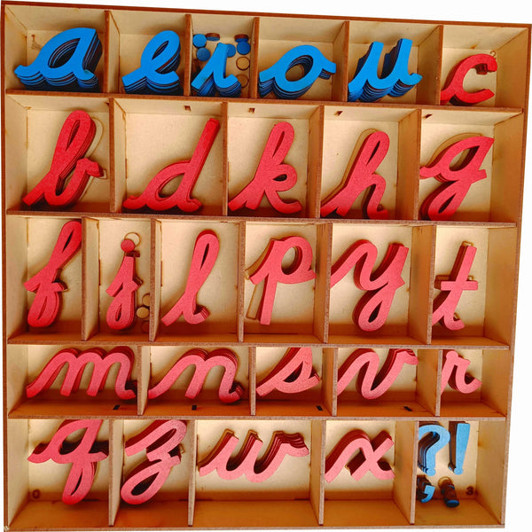 Cryo Craft Montessori Preschool Movable Cursive Letter Set with Wooden Organizer Box: MDF cursive letters in red consonants and blue vowels, plus punctuation marks for ages 3+
