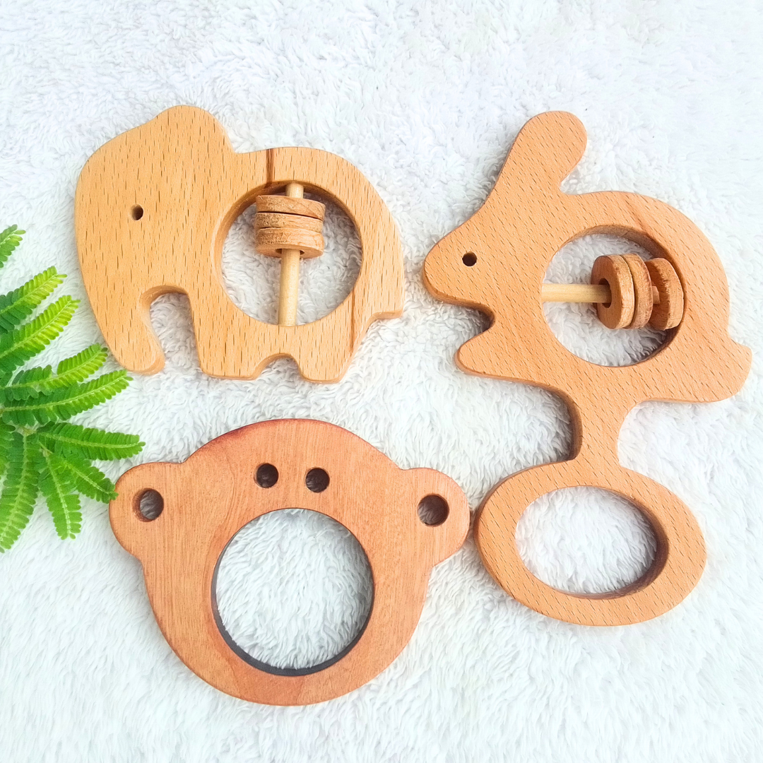 Buy Wooden Organic Giant Elephant, Funny Bunny Rattle And Neem Wood Ape Teether - SkilloToys.com