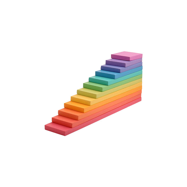 Casa Bambini Wooden Rainbow Plates Stacker in pastel shades: graduated birch plywood plates for open-ended play